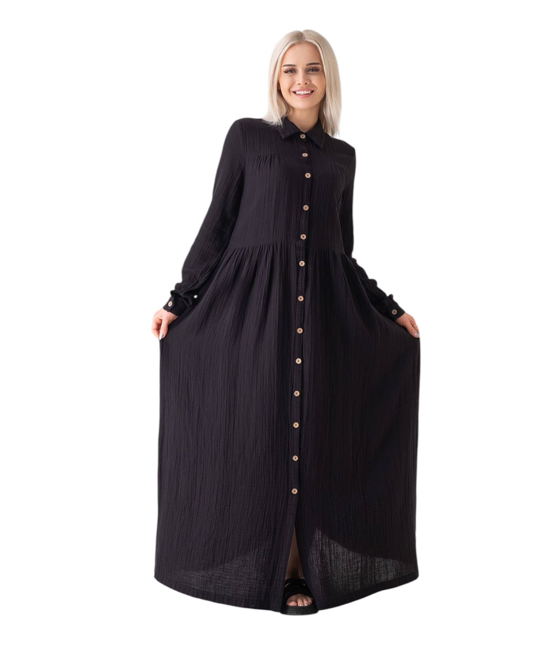 WENOR - Vente Robe – femme - Robe d'été longue en mousseline 100 % coton avec patte de boutonnage, 145 cm11