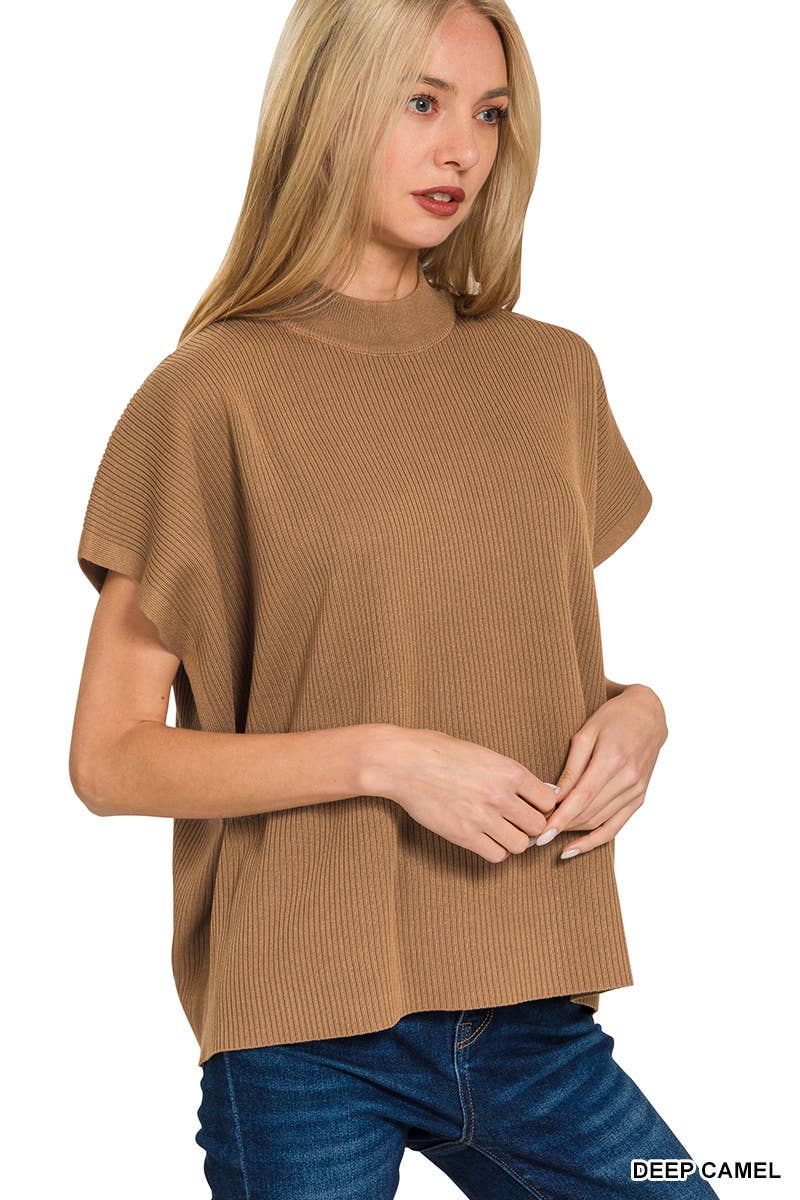 Vanilla Monkey - Wholesale Knit Sweater - Women's - Viscose Mock Neck Short Sleeve Boxy Sweater5