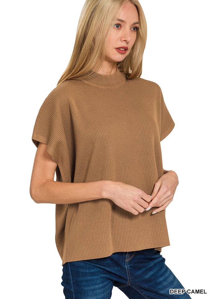 Vanilla Monkey - Wholesale Knit Sweater - Women's - Viscose Mock Neck Short Sleeve Boxy Sweater5