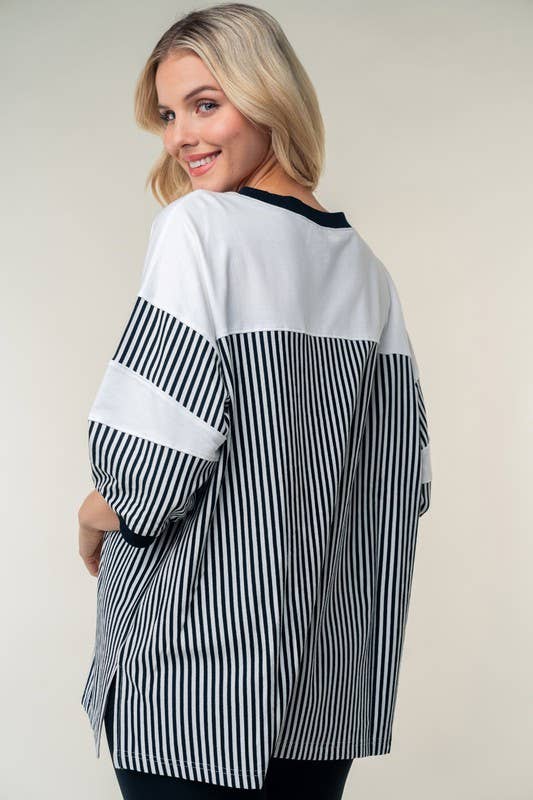 Nero Top in maglia a righe a maniche corte T25111 in vendita all'ingrosso su Faire4