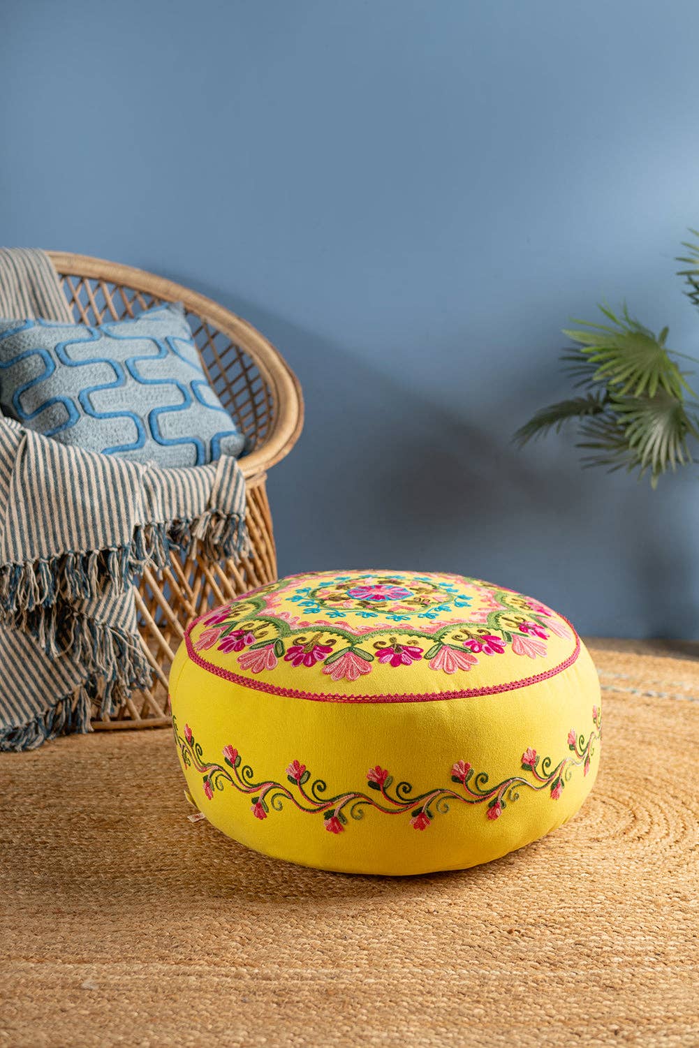 Ian Snow Ltd - Wholesale Pouf - Floral on Yellow Embroidered Pouffe5