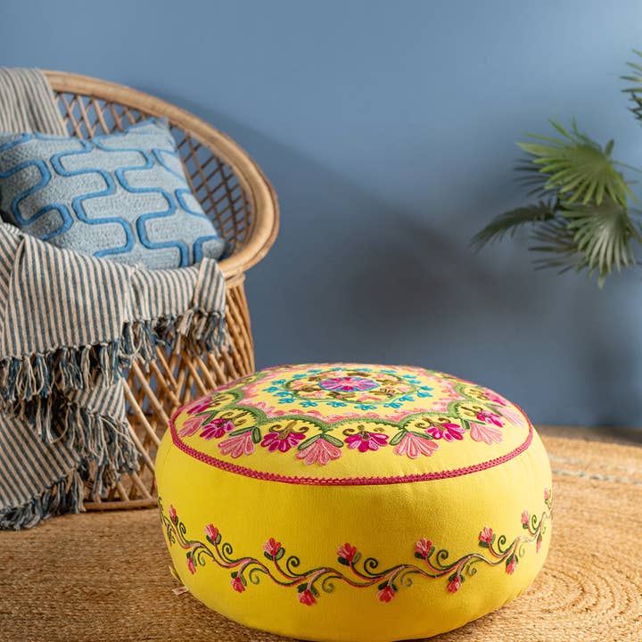 Ian Snow Ltd - Wholesale Pouf - Floral on Yellow Embroidered Pouffe5