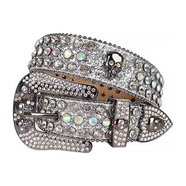 Rhinestones Glitter Vita Läderbälten Dödskalle Spänne Med Vita Flerfärgade Stenar för wholesale av Rhinestone Belt Store