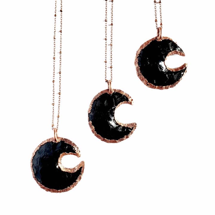Knapped Obsidian Crescent Moon Necklace for wholesale by MergingMetals