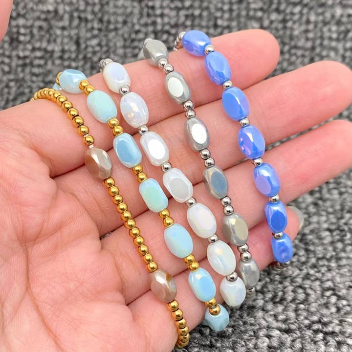 Glass & 18K Gold Plated S.Steel Beaded Elastic Bracelet -FGS for wholesale by Mio Queena