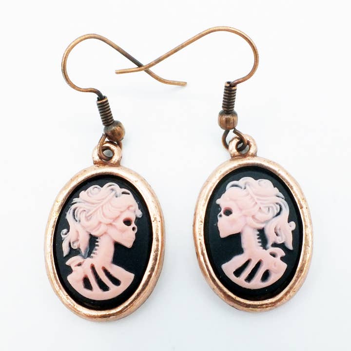 Small Pink Skeleton Girl Cameo Earrings in Antique Copper for wholesale by Fizz