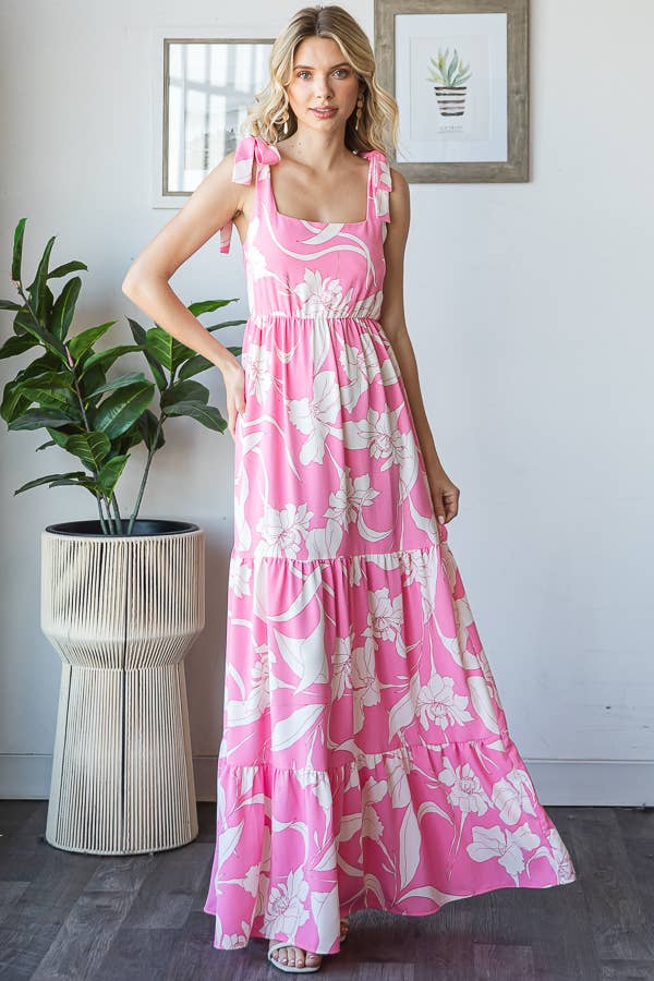 7th Ray - Vendita all'ingrosso Vestito - Donna - Vestito lungo a balze con spalline a fiocco e scollo quadrato floreale D59294