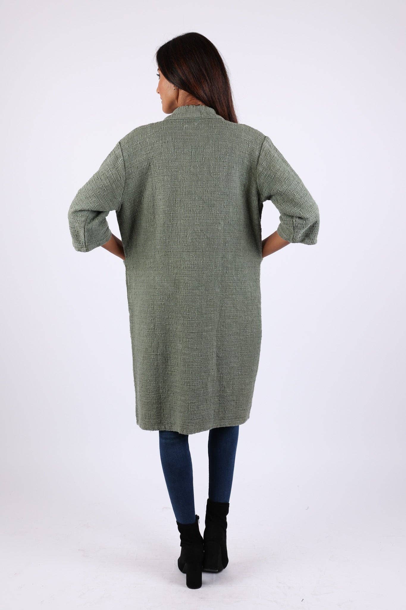 Sacred Threads - Wholesale Cardigan - Women's - Olive Green Long Cardigan in Cotton: 3/4 Sleeves with Pocket1