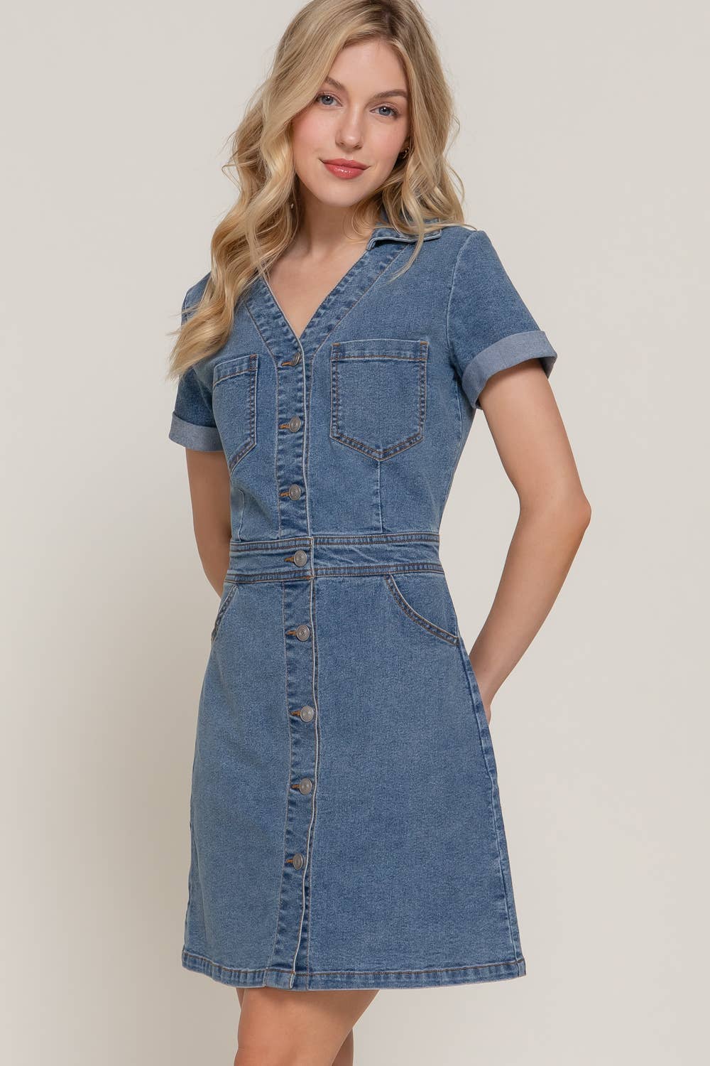 Short Sleeve Stretch Denim Mini Dress for wholesale on Faire3