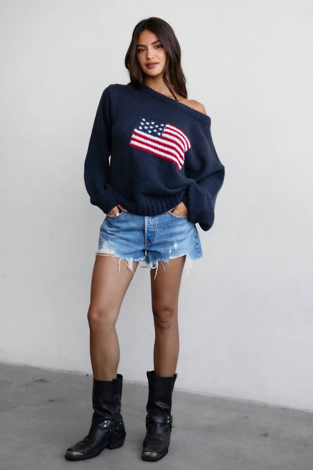 TICTOC - Wholesale Knit Sweater - Women's - BRANDI American Flag Knit Off The Shoulder Lounge Sweater12