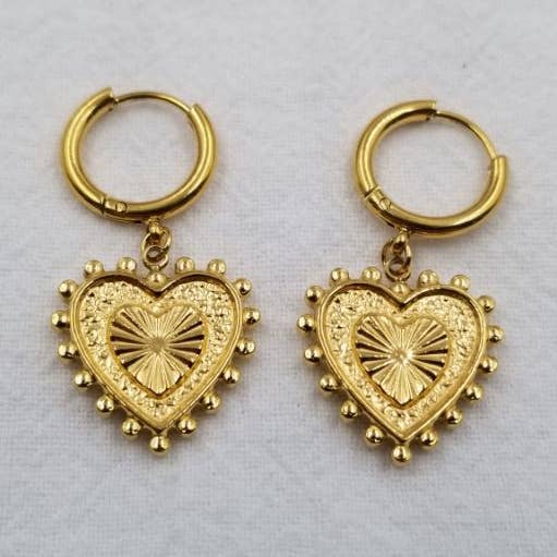 Gold Plated Beaded Heart Huggies Earrings for wholesale by ENA Jewelry