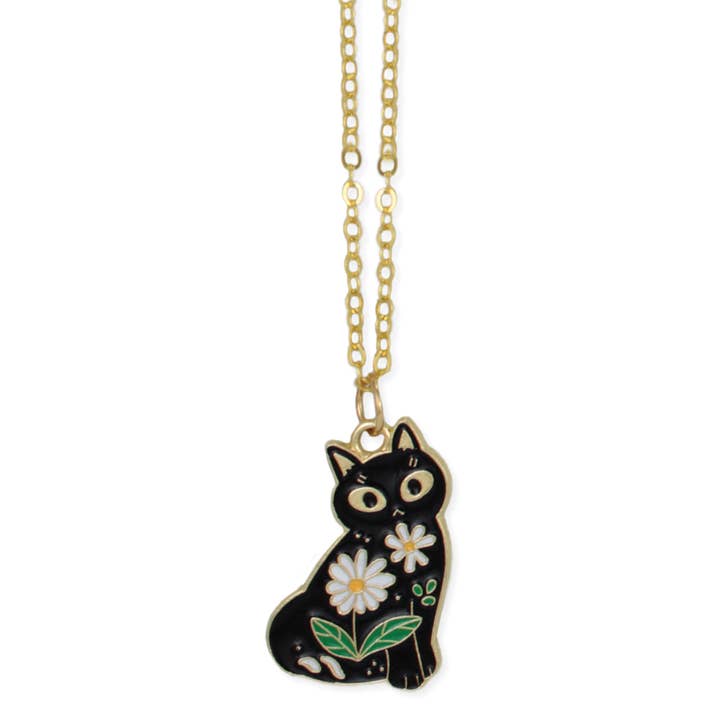 Sitting Pretty Black Floral Cat Necklace for wholesale by ZAD