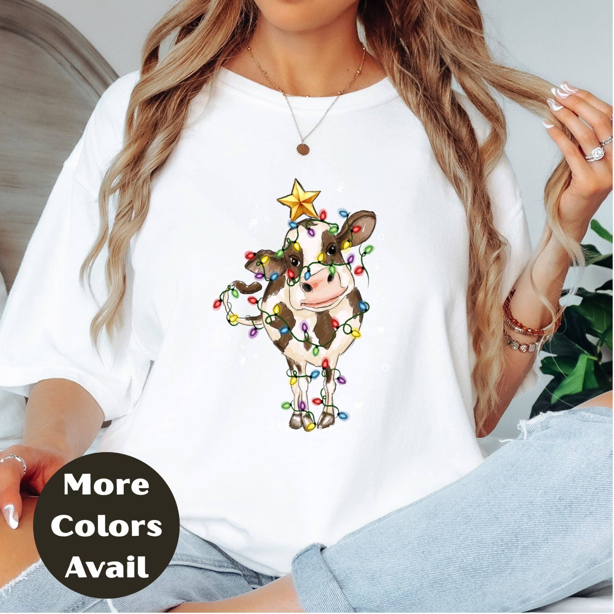 Epic Life  - Designed - Wholesale Screen Printed T-Shirt - Women's - Christmas Lights Country Cow Shirt or Sweatshirt – Cute Holiday Farm Top Small - 4XL and Plus Size – Multiple Colors3