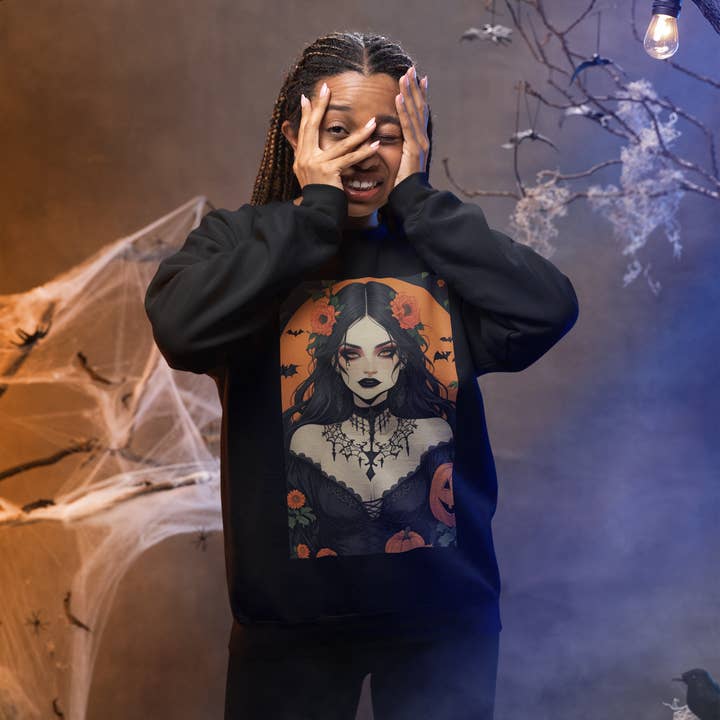 Sweat-shirt d'Halloween Fille Gothique Florale, Pull Douillet pour l'Automne, Vêtements de Saison Effrayante, Parfait pour les Célébrations d'Octobre pour la vente par Happythings76