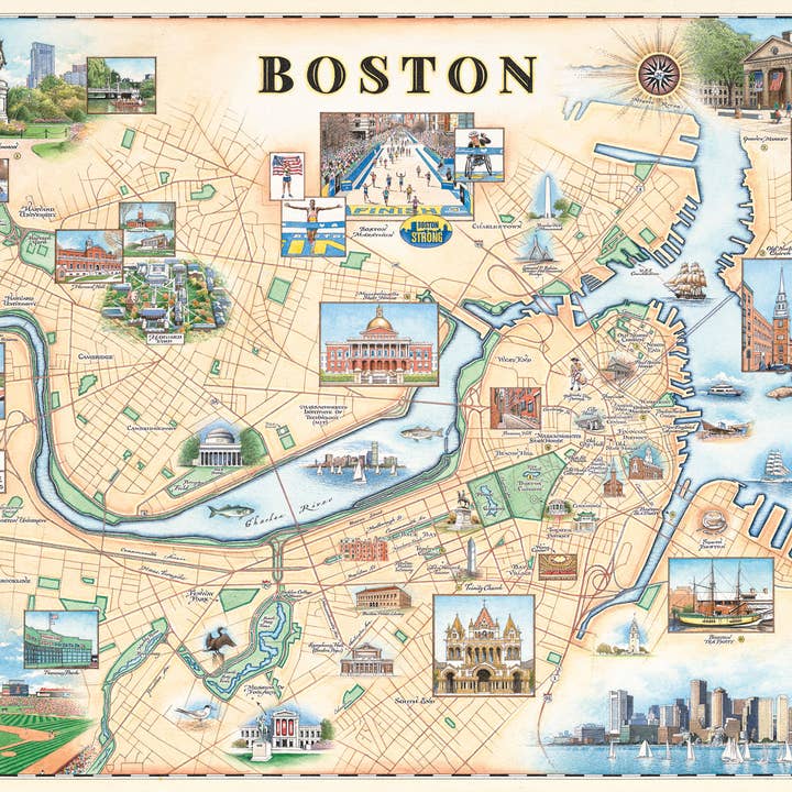 Boston City Map Hand-Drawn Map for wholesale by XPLORER MAPS