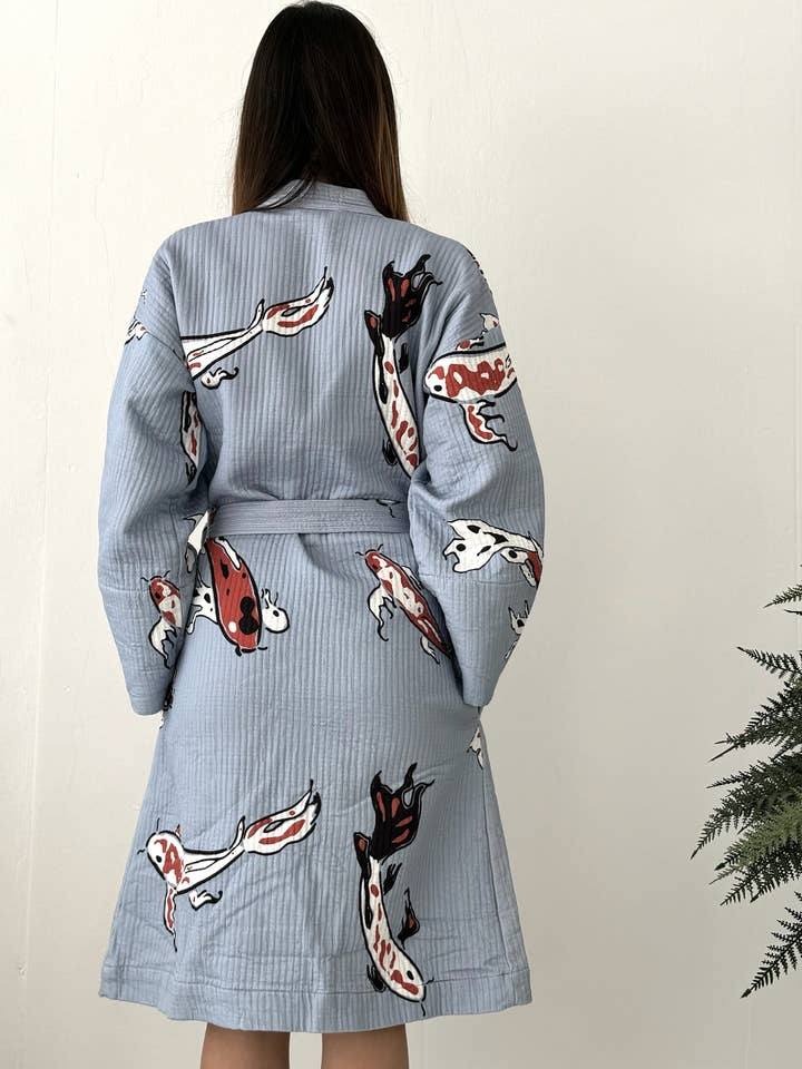 ASHY & SLEEK - Wholesale Kimono - Women's - Koi Fish Kimono - 100% cotton koi fish pattern in blue &red 6