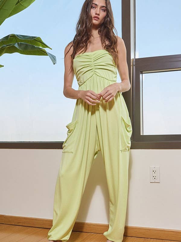 SHADOW LIME R5290A Strapless Ruched Drop Crotch Jogger Jumpsuit for wholesale on Faire9