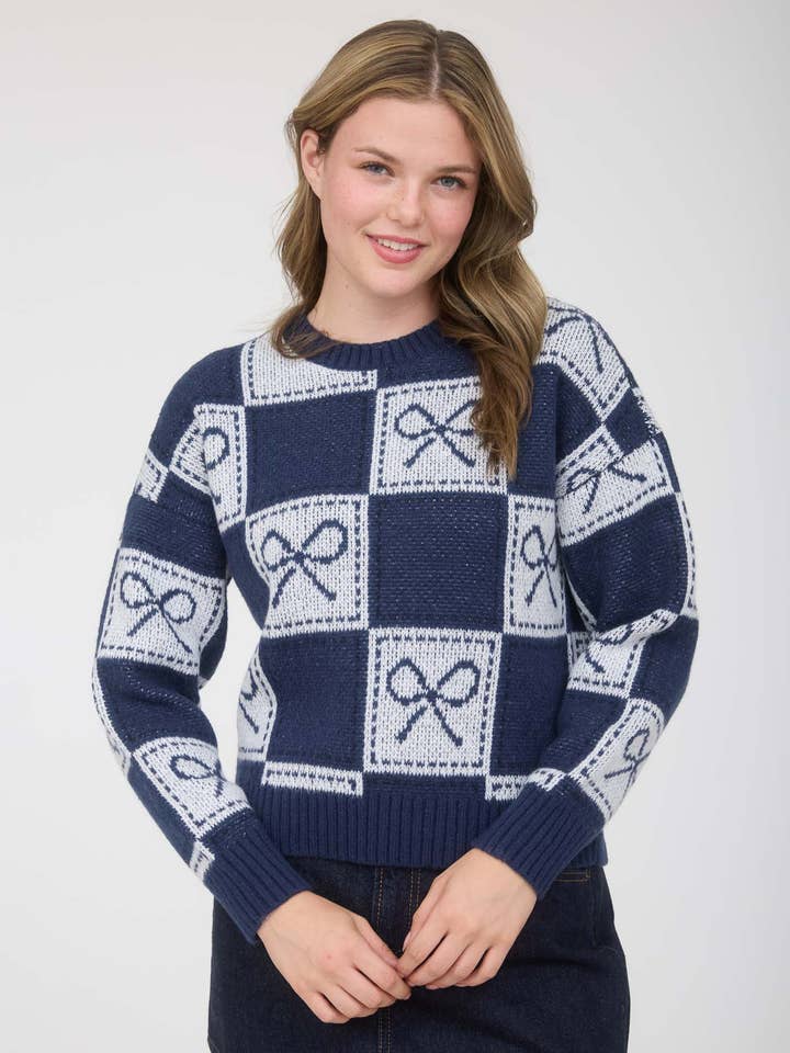 Blu Pepper – wholesale Pullovertröja - Dam – RUTIG BOW JACQUARD RUNDHALSSTICKAD TRÖJA13