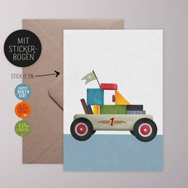 Verjaardagskaart kind - bouwstenen racewagen voor wholesale door LAZY DAY paper