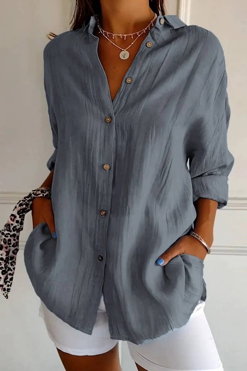 NINEXIS - Wholesale Shirt - Women's - CWTSTL2281_SOLID COLOR SINGLE BREASTED PLEATED LAPEL SHIRT0