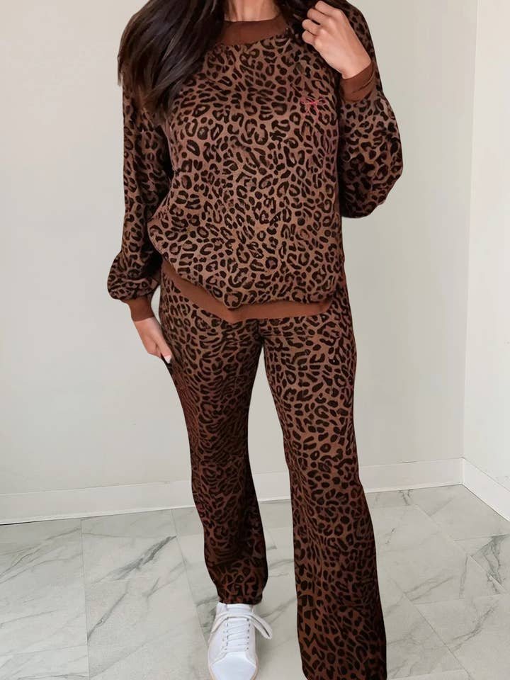 Brown Leopard Pattern Pullover & Pants Set | S-XL for wholesale by Aapparella