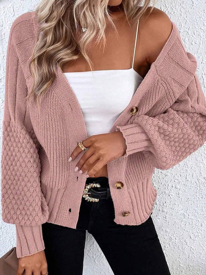 Cardigã de Malha com Botões e Decote em V de Textura Mista Rosa Claro por atacado de Sweet Lover Fashion