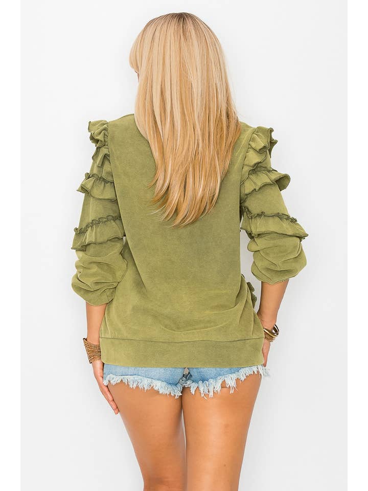 Cezele - Wholesale Sweatshirt - Women's - Ruffle sleeve French terry washed sweatshirt