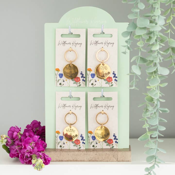 Set of 24 Wildflower Keyrings on Display (UK spelling) for wholesale by Something Different Wholesale