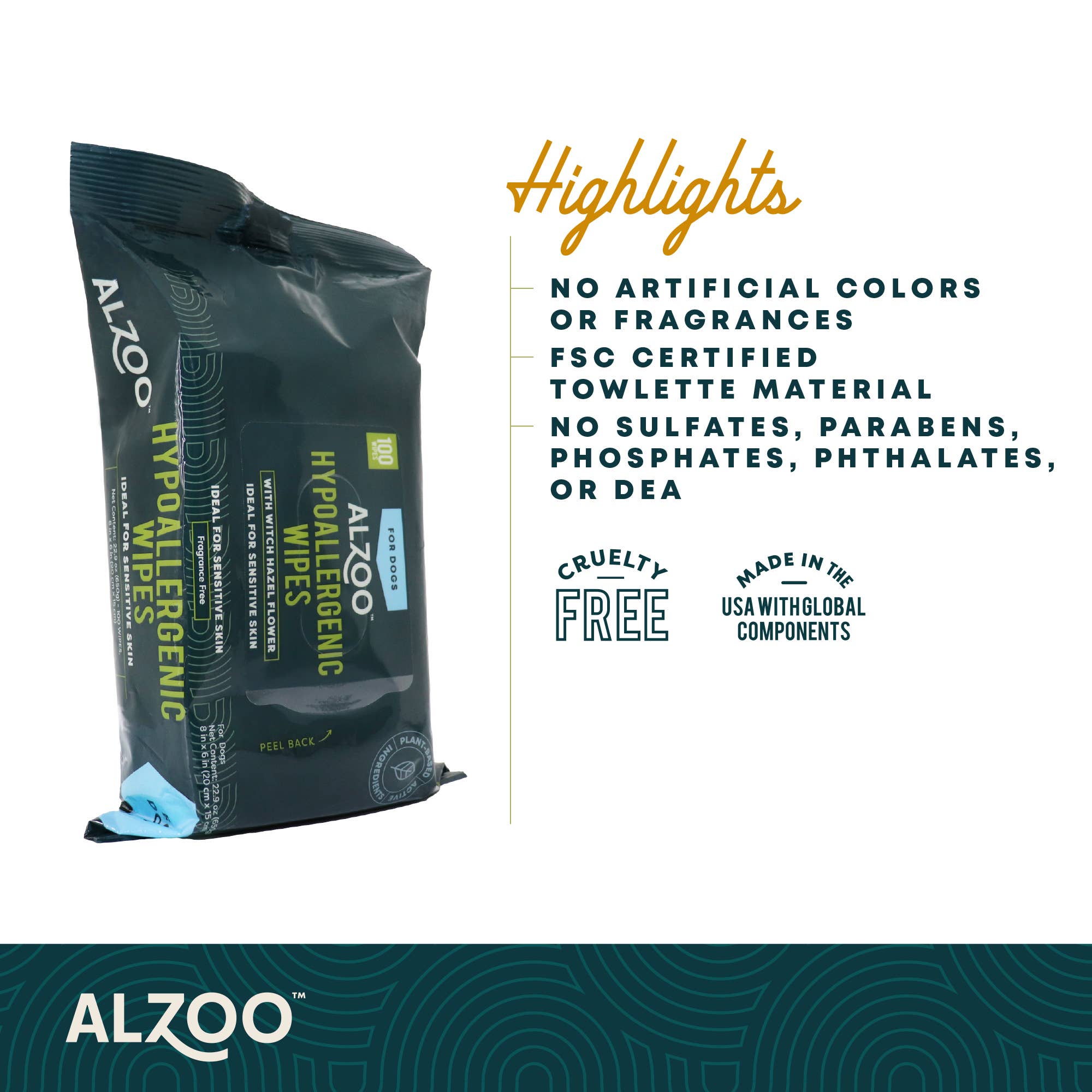ALZOO - Wholesale Pet Grooming Aid - Dog - ALZOO PLANT-BASED HYPOALLERGENIC WIPES 100CT4