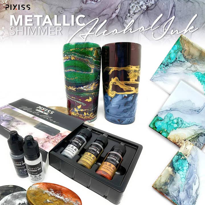 Pixiss – wholesale Craft supplies – PIXISS Metallic Alcohol Inks Set of 5 - Shimmering Colors