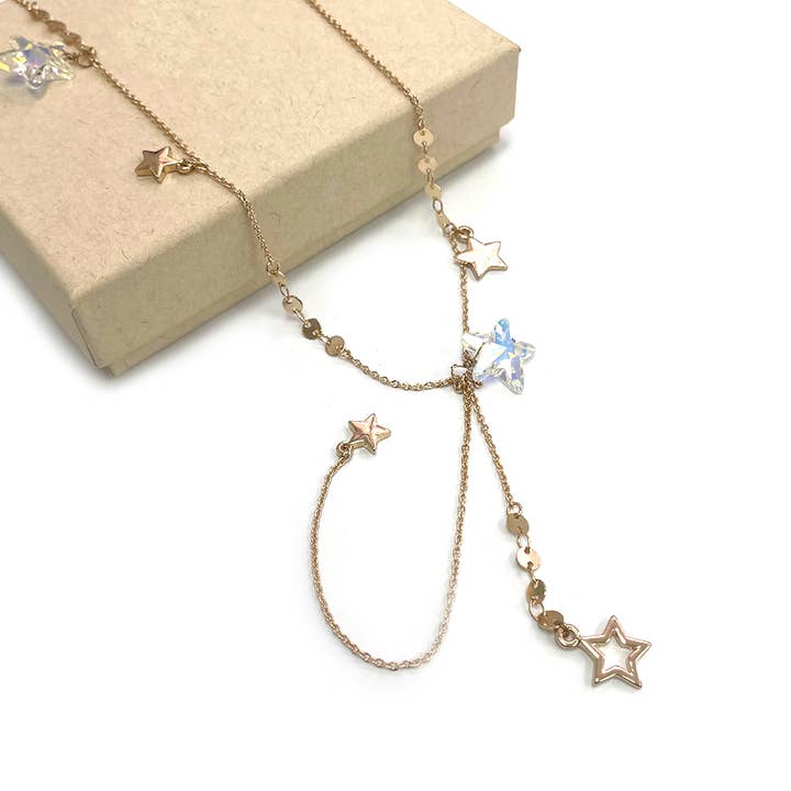 GOLD CLEAR AB Y Shape Long Length with Star Multi Charms Chain Necklace for wholesale on Faire