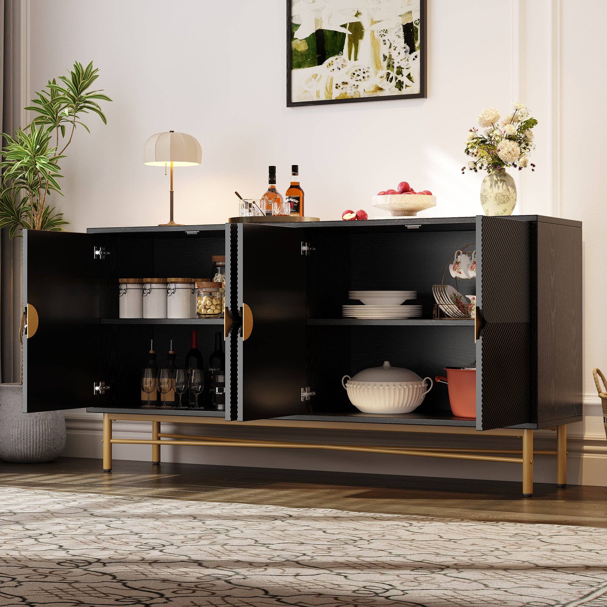 Urban Meuble - Wholesale Cabinet - Black sideboard with wood-effect embossed texture, 4 doors, luxury style with golden accent POLLENBASK3
