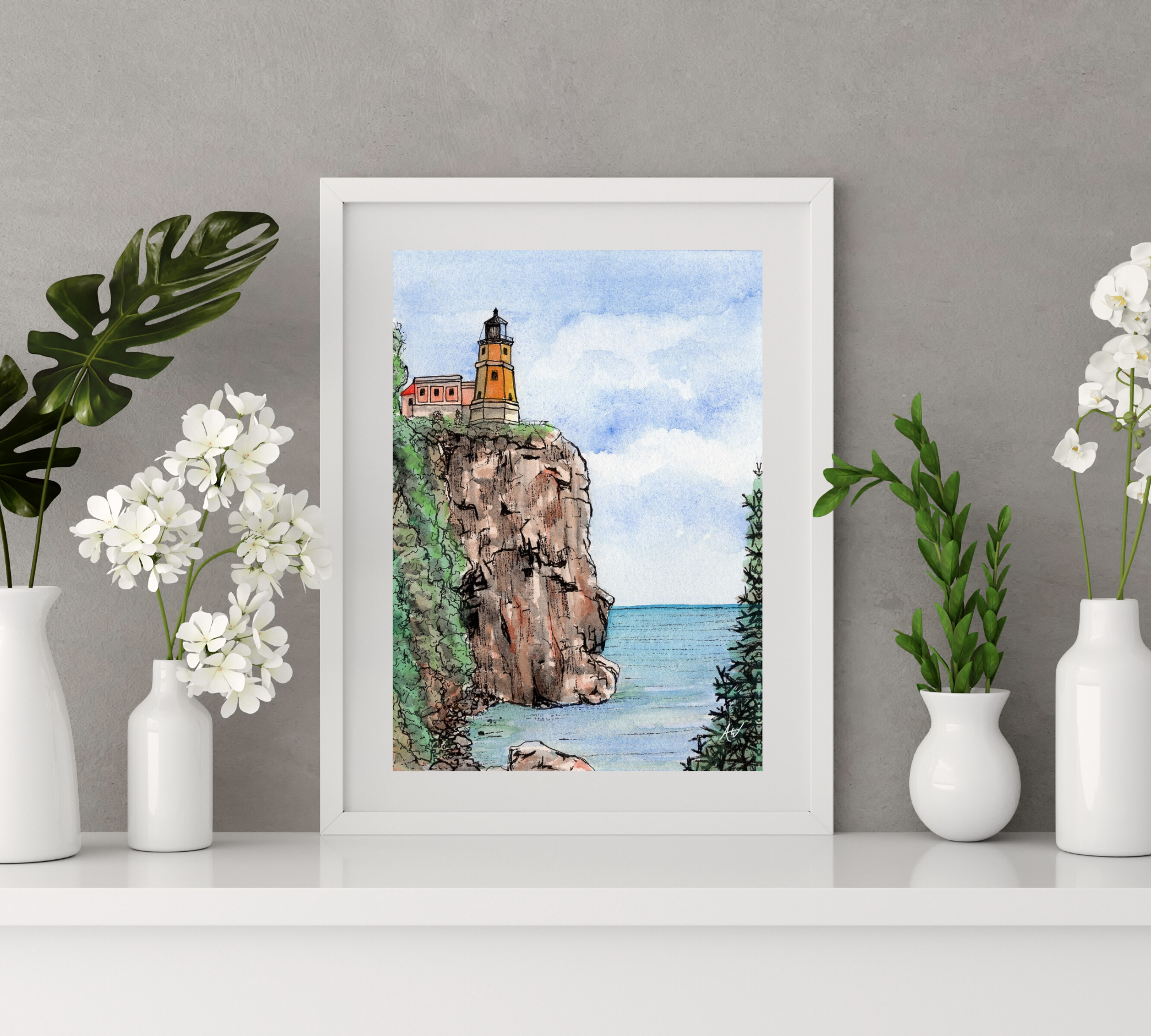 Alyssa Whetstone Art – wholesale Art print – Split Rock Lighthouse - Pen and Watercolor Fine Art Print1