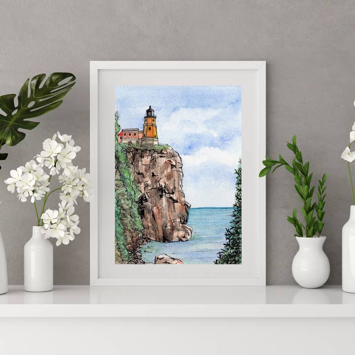Alyssa Whetstone Art – wholesale Art print – Split Rock Lighthouse - Pen and Watercolor Fine Art Print1