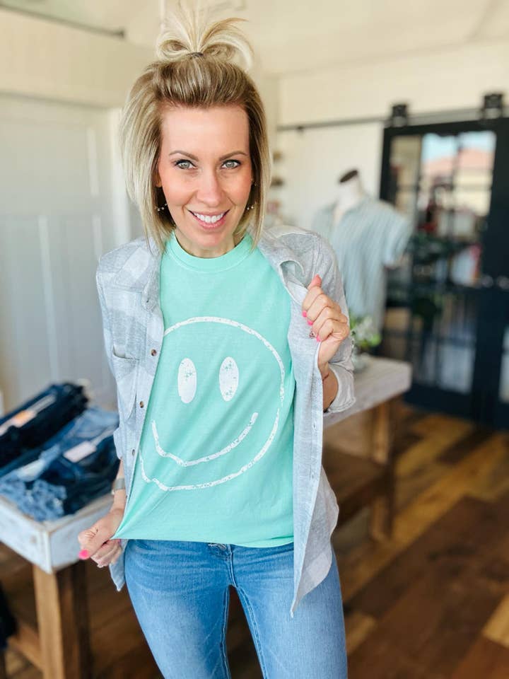 Fox and Owl Apparel - Wholesale Screen Printed T-Shirt - Women's - TRENDY RETRO SMILEY FACE NEON LIME SUMMER GRAPHIC TEE