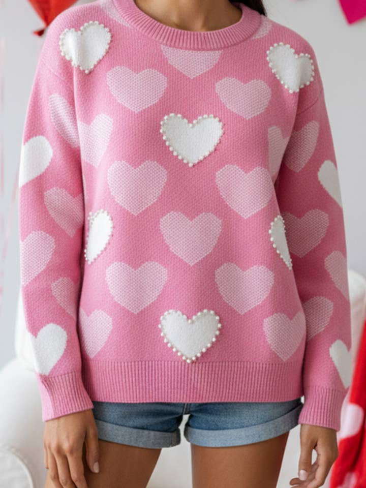 Pearled Heart Print Valentines Day Crew Neck Sweater | S-XL for wholesale by Aapparella