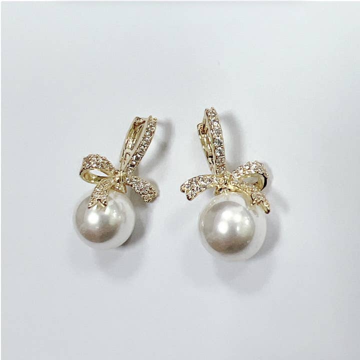 Gold & Pearl Ribbon Earrings for wholesale by My Best Kept Jewelry