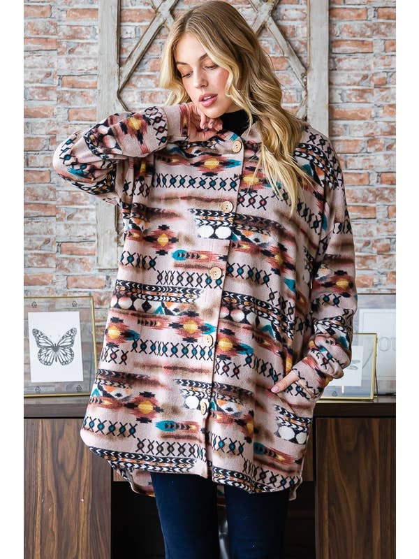 TAUPE MULTI EJ6401-23 AZTEC PRINT BUTTON DOWN CARDIGAN for wholesale on Faire