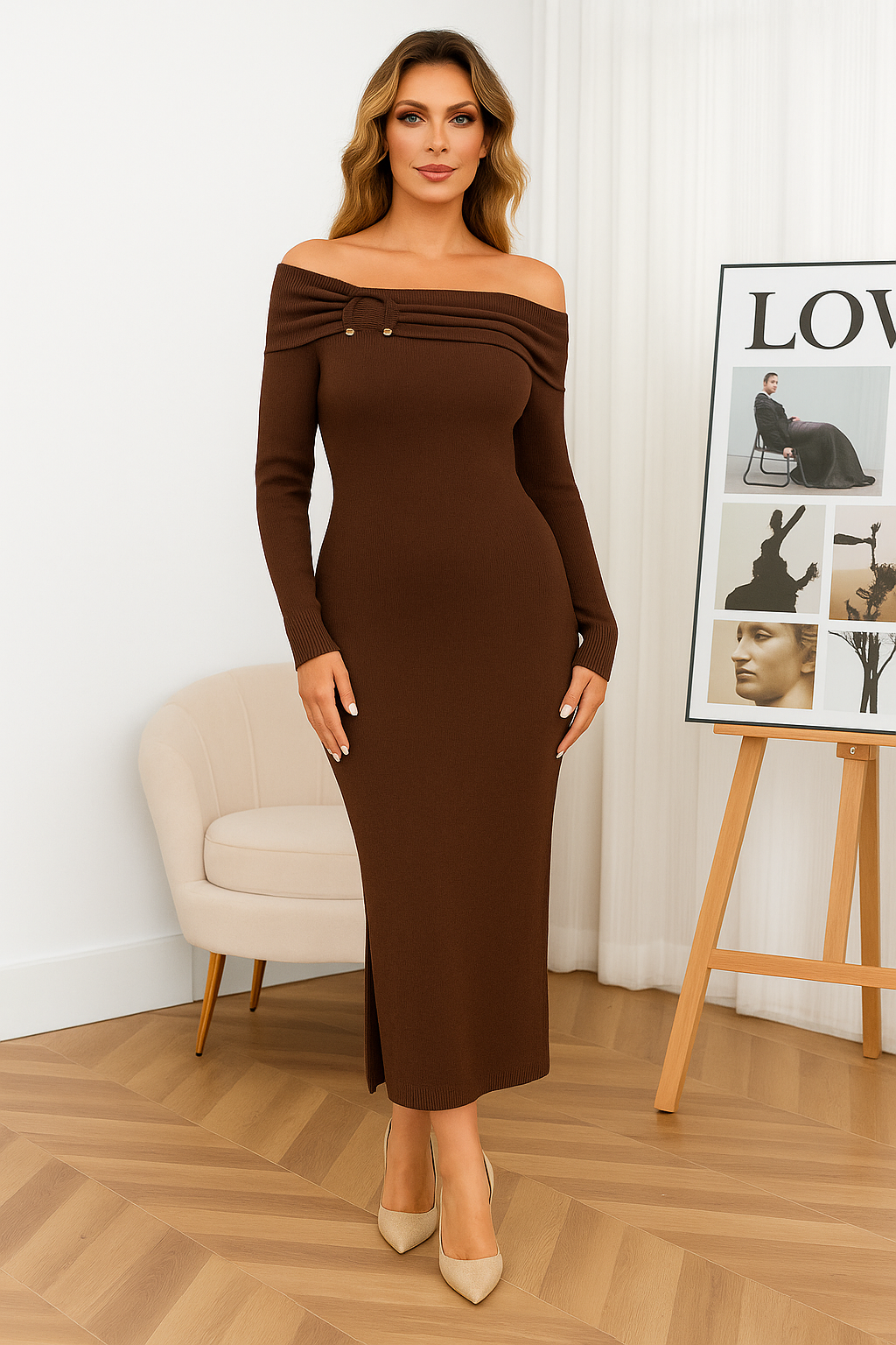 Lucy Sparks – wholesale Dress – Women's – SOFT KNIT ELEGANT DRESS WITH OFF SHOULDER DRAPE1