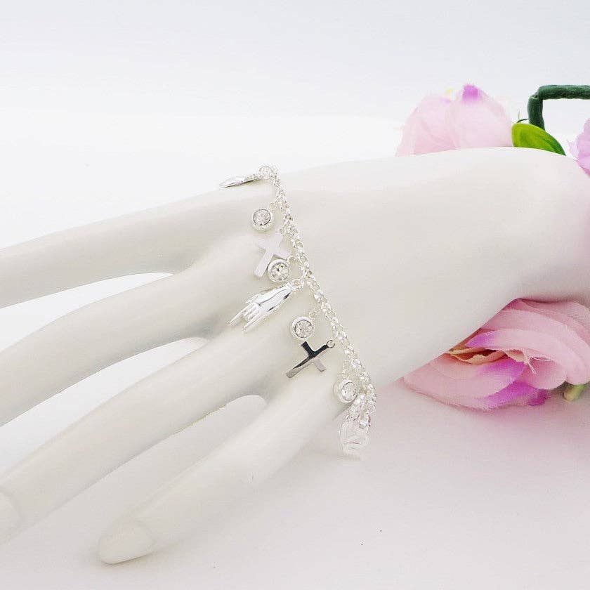 ACCIAIO BAGNATO ARGENTO Pulseira MEGA LUCKY banhada a prata em aço inoxidável com pingentes de amuletos para venda a revendedores na Faire1