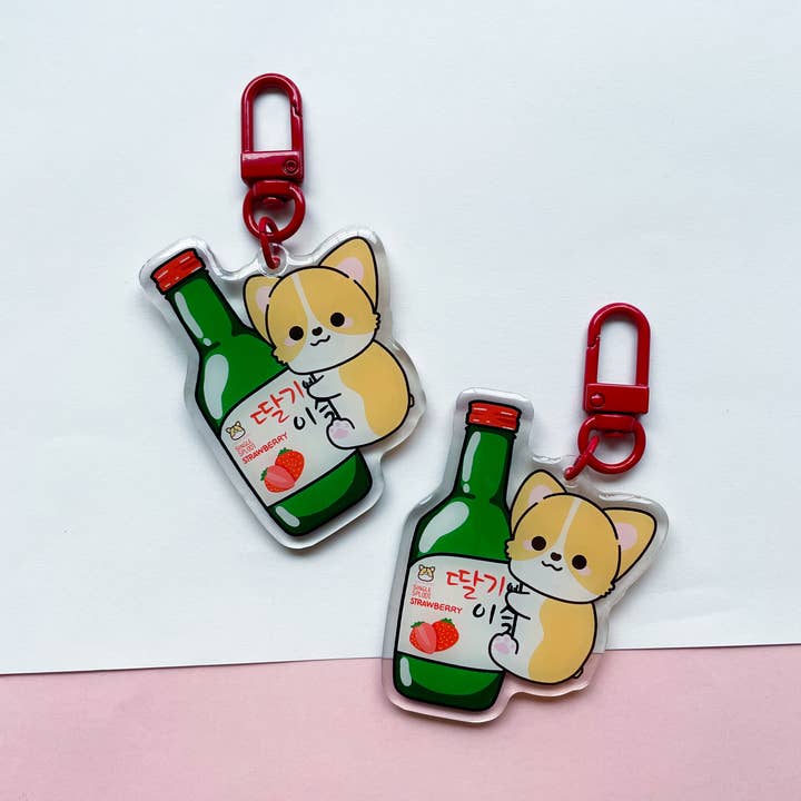 Portachiavi in acrilico Strawberry Soju Corgi per la vendita all'ingrosso da parte di Single Sploot