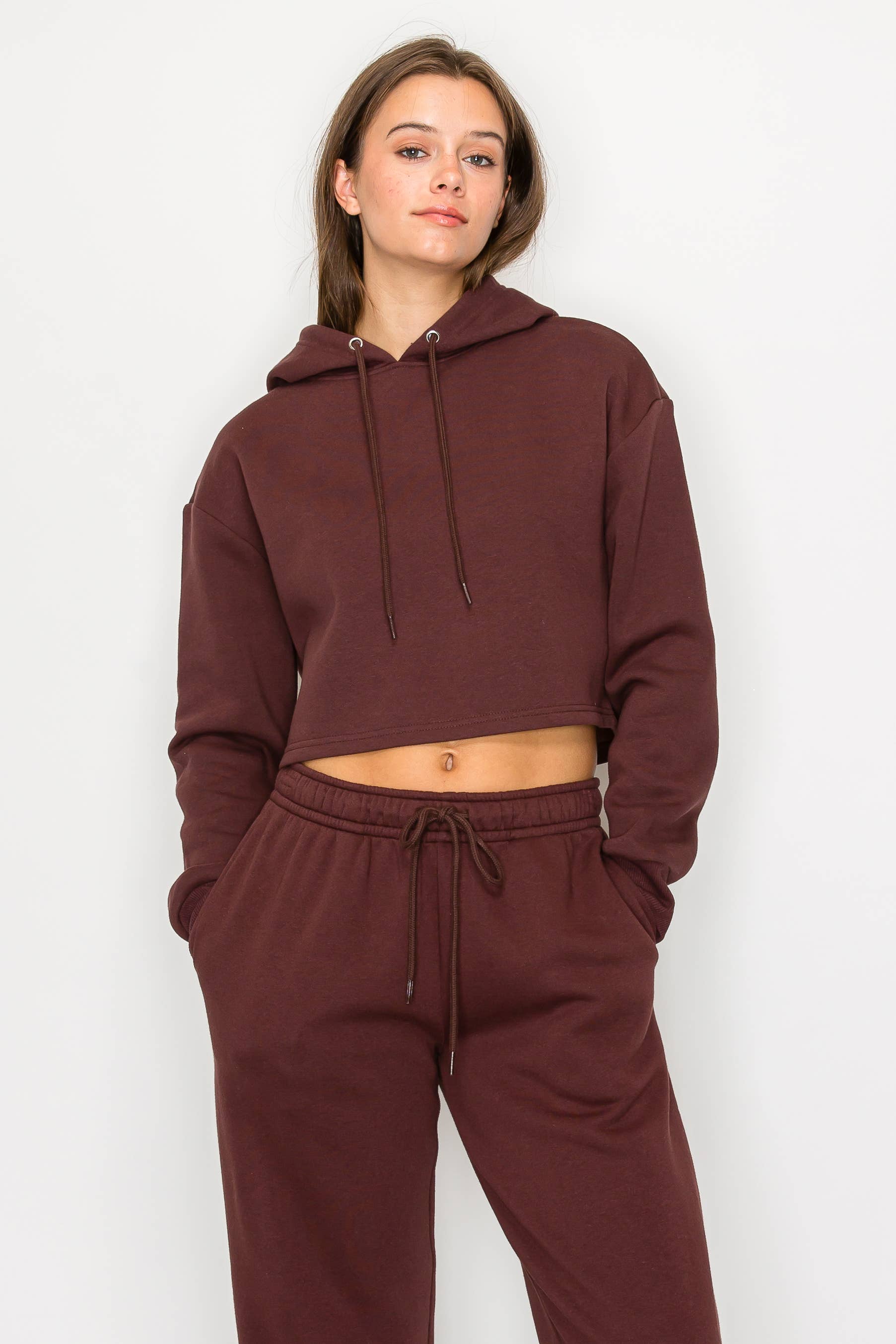 Color 5 - Wholesale Hoodie - Women's - Solid color fleece lined crop pull over hoodie jacket 3