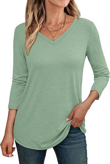 SALINA TRADING INC - Wholesale Tunic - Women's - Women Casual Solid Color V-Neck Long Sleeve Blank T-Shirt5