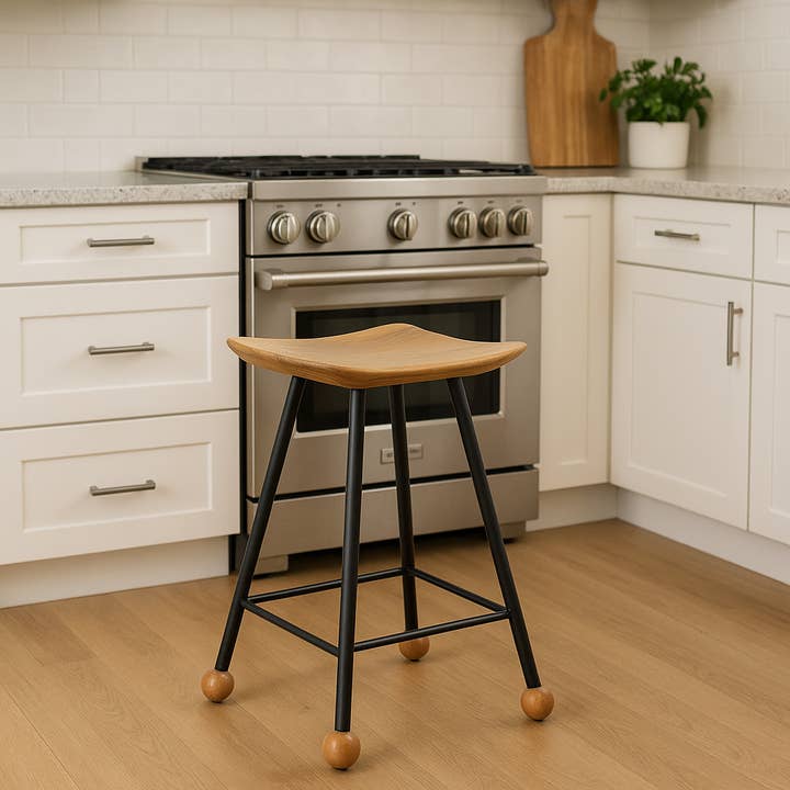 Wooden Stool – 47cm – Black Iron Pipe Legs / STL-001 for wholesale by Wood Stone Art