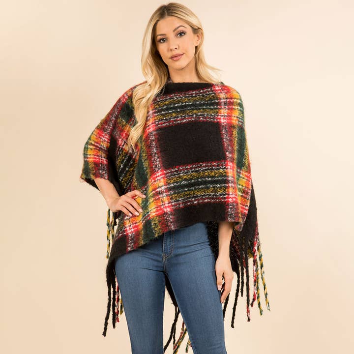 Sensibling Corp. – Großhandel Poncho – Damen – Poncho mit Fransen und Karomuster am Saum