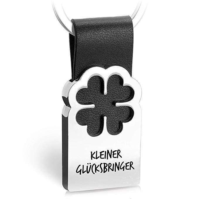 Sleutelhanger met geluksbrenger met klaverblad en leergravure - Good Luck & Good Luck hanger voor wholesale door FABACH – Die Schlüsselanhänger-Schmiede