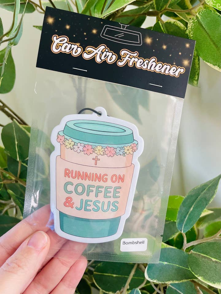 Running on Coffee & Jesus Air Freshener for wholesale by Scents & Shenanigans Co