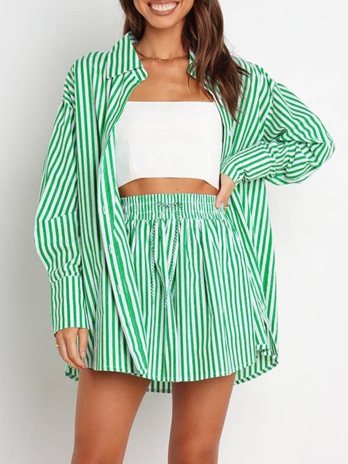 Rosa Clothing - Wholesale Top & Short Set (NOT Loungewear) - Women's - classic striped long sleeve shirt & short set holiday dressy28