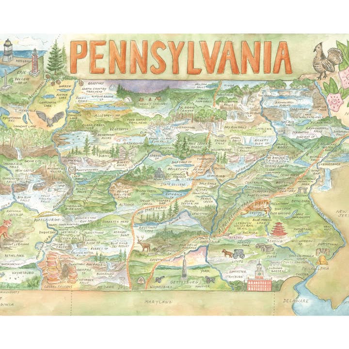 Impression artistique de la carte de l'État de Pennsylvanie 11"x14" pour la vente par Hiker Booty