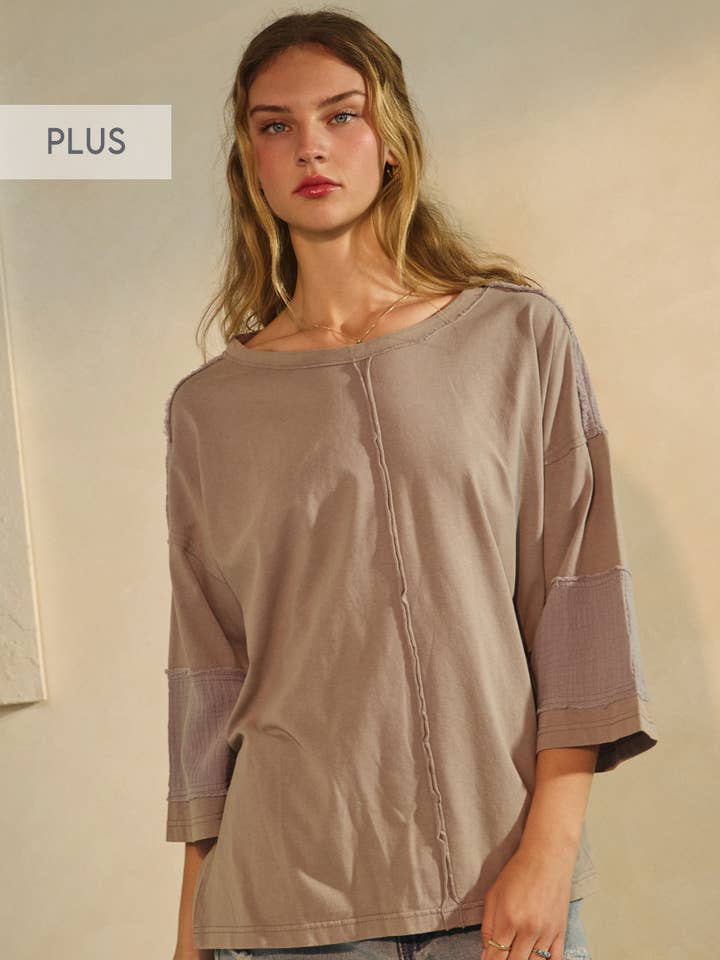 Oddi - Wholesale Blouse - Women's - Plus Acid Washed Mixed Fabric Pullover Top
